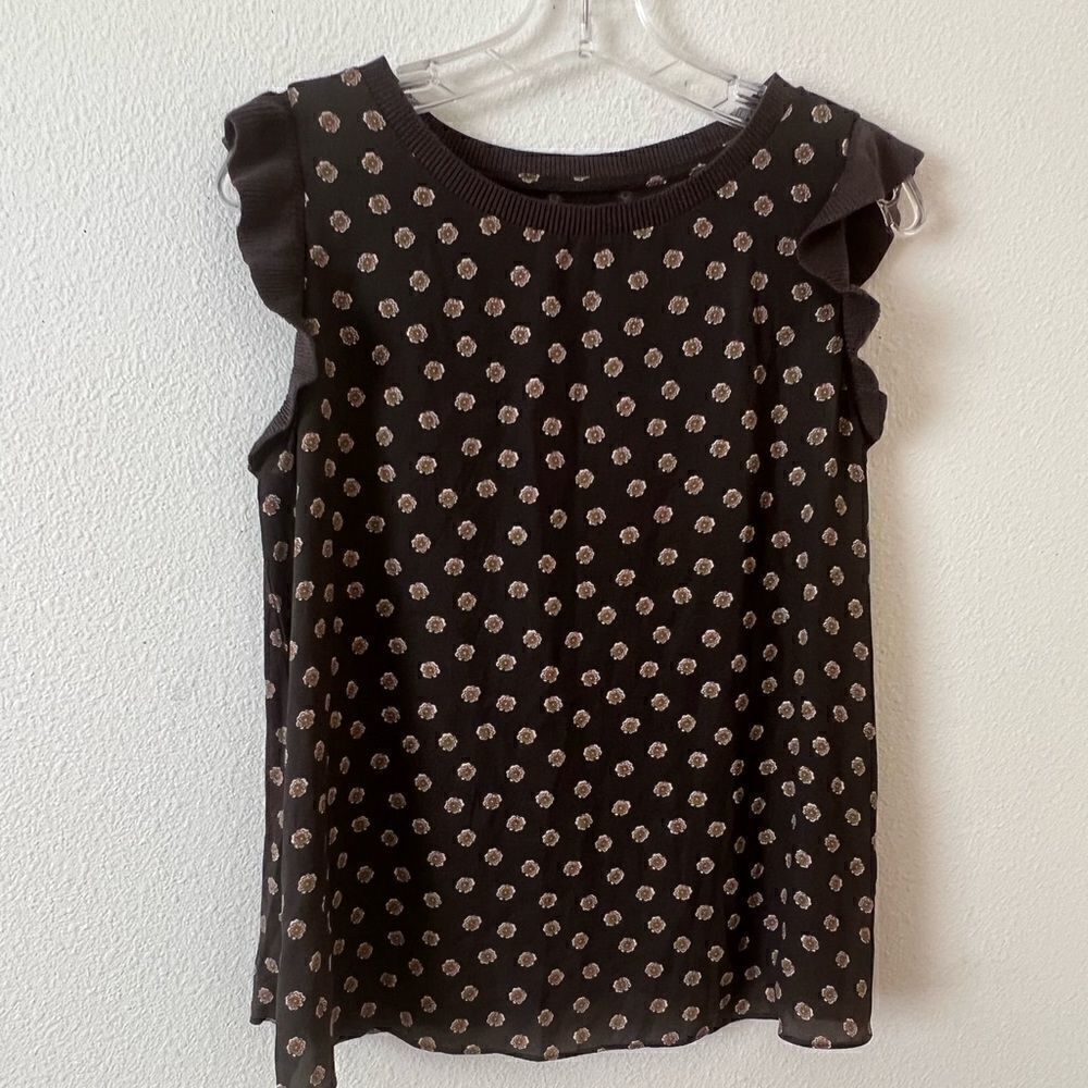 LOFT Petites Green Floral Ribbed Sleeve Trim Mixed Media Shell Tank Top-M
